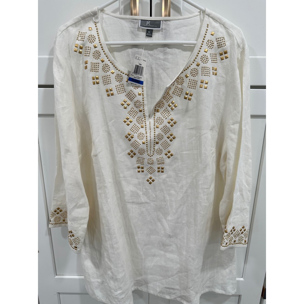 JM Collection Studded Linen Tunic Top Bright White V-Neck Long Sleeve XL